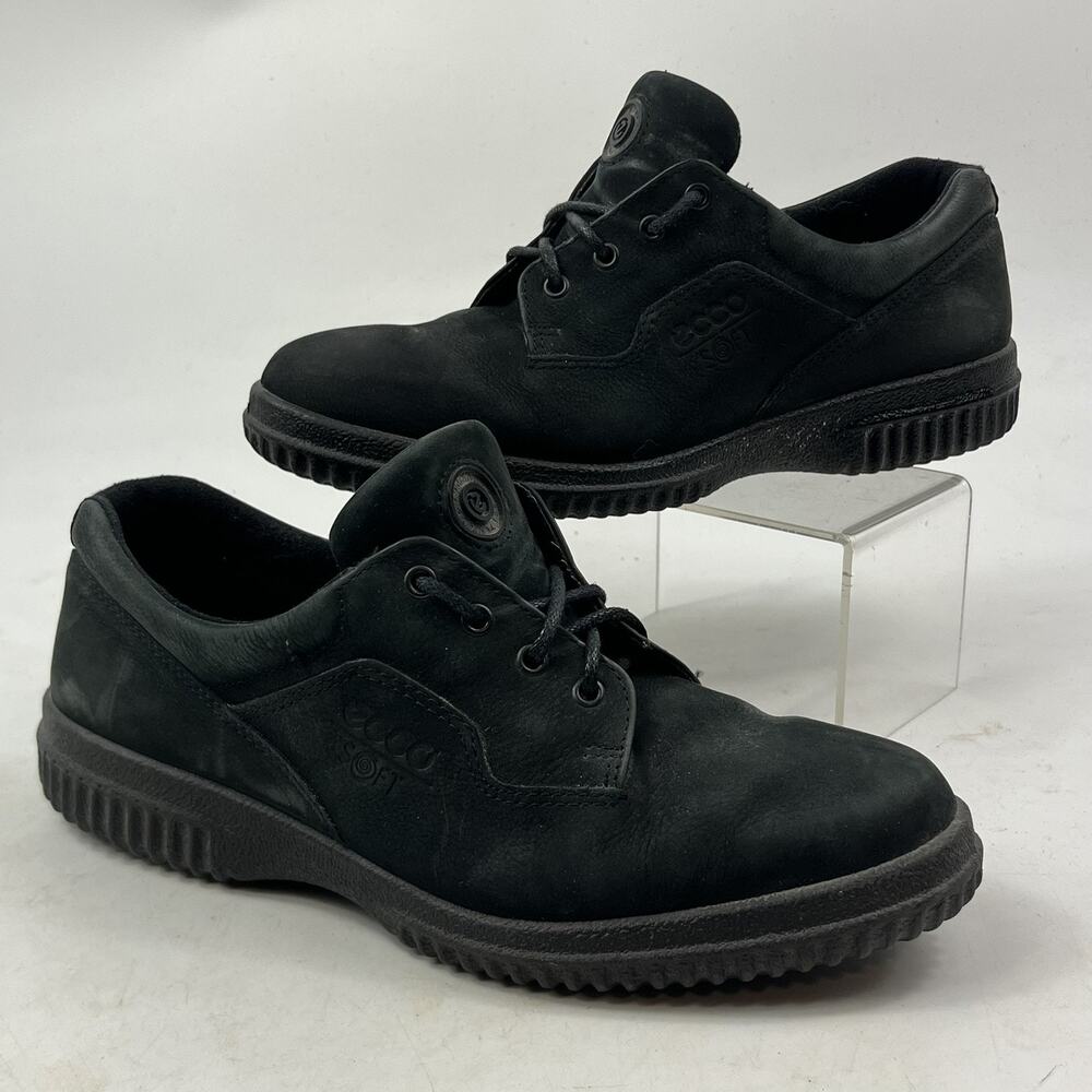 Ecco Soft Womens Walking Shoes Size 8.5 Black Nubuck Leather Comfort Lace Up
